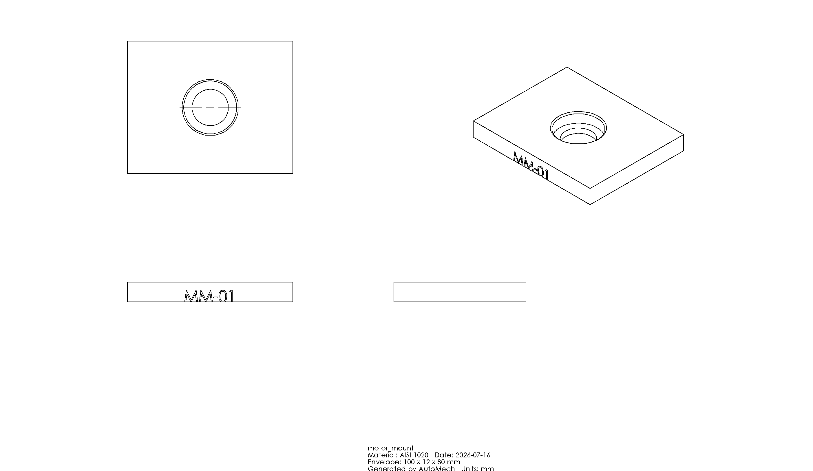 Actual motor mount drawing generated by AutoMech, showing orthographic and isometric views