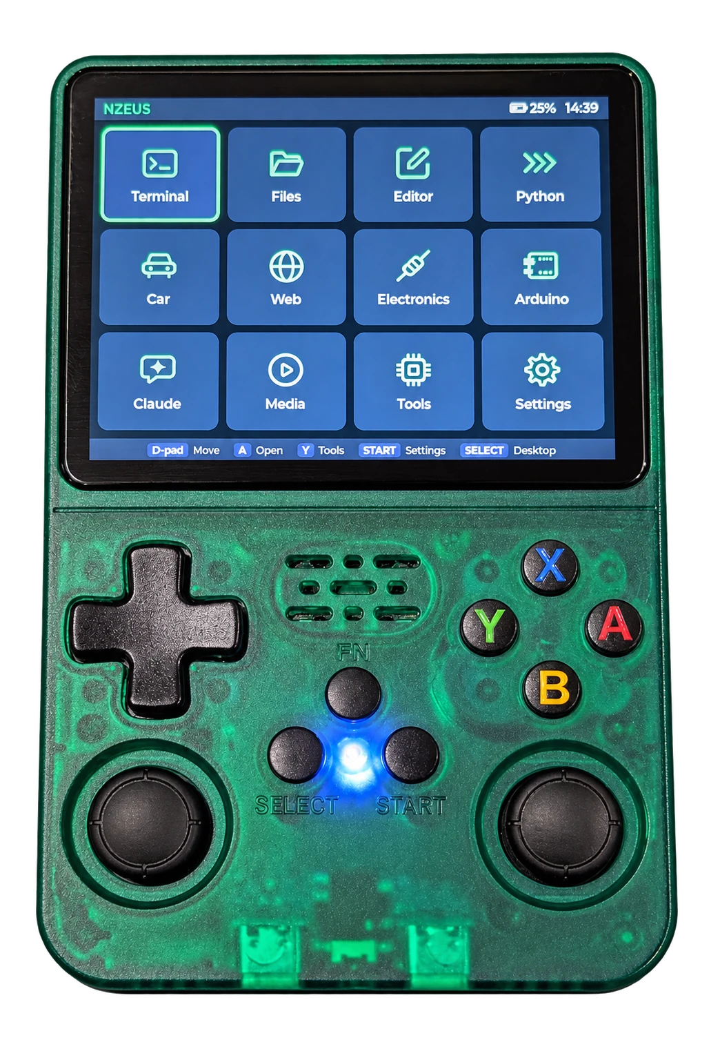 The real NZEUS Deck in its translucent green shell